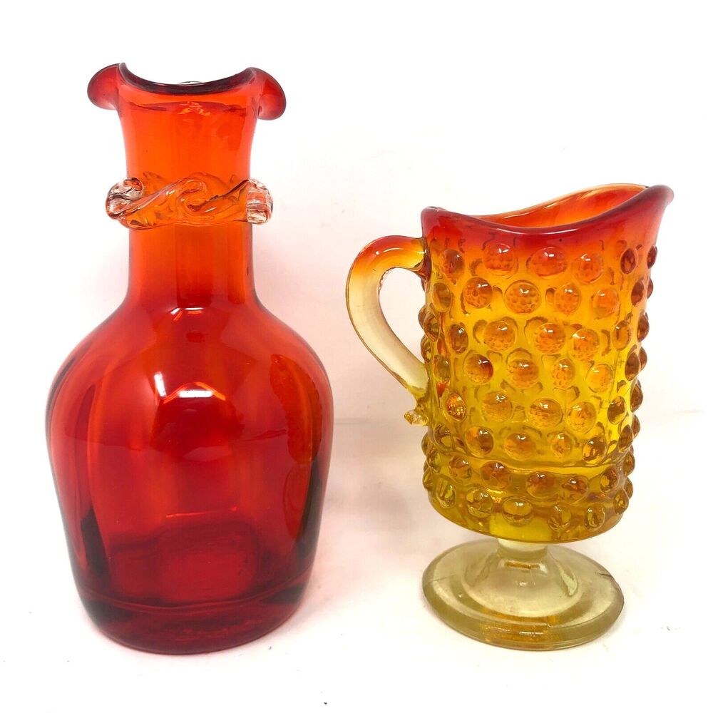 Art Glass Amberina Hobnail Glass Footed Pitcher & Handblown Vase MCM Mini Set 2 - Picture 2 of 11